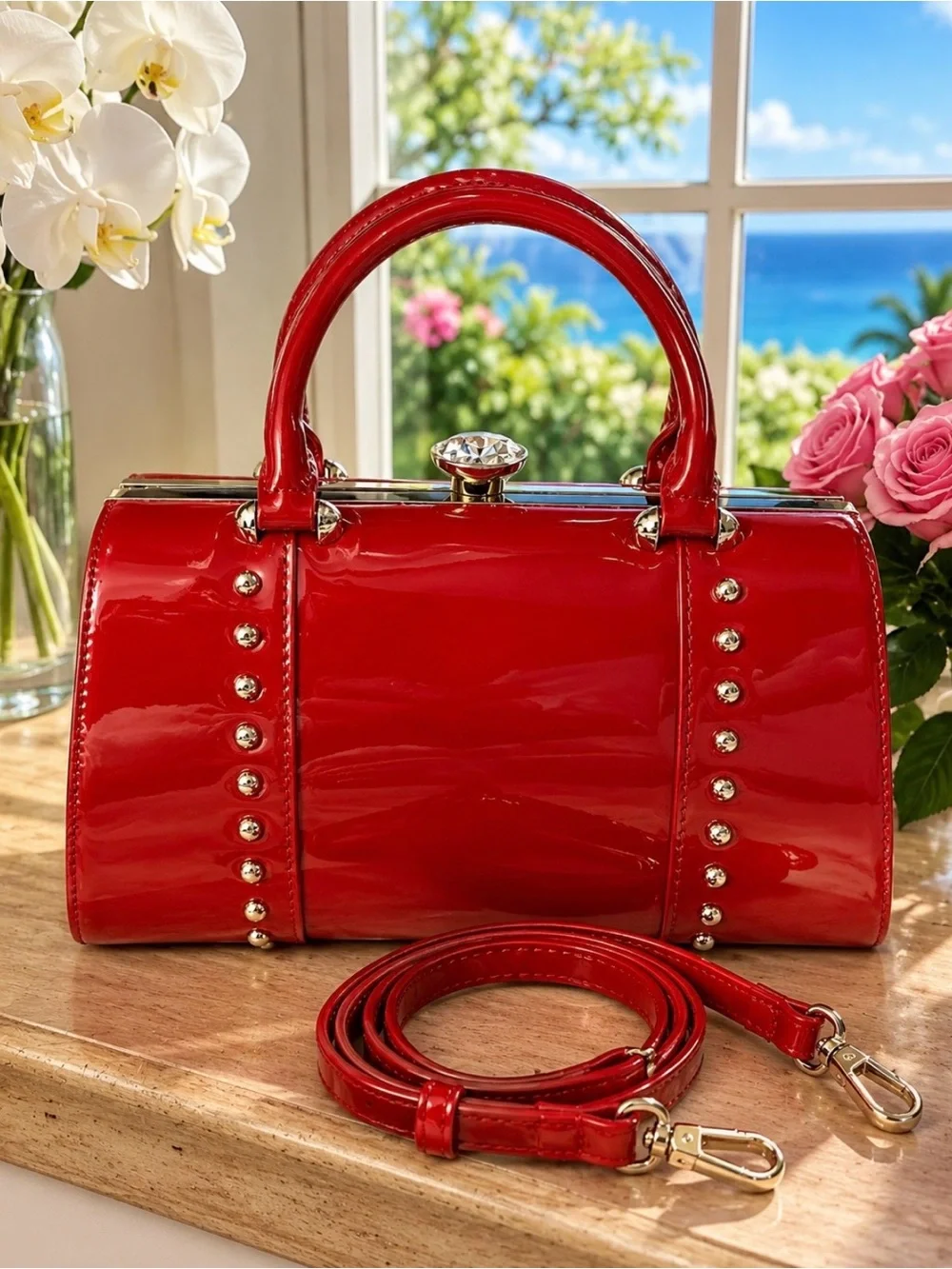 Glossy Red Patent Satchel Handbag with Crystal Clasp & Crossbody Strap